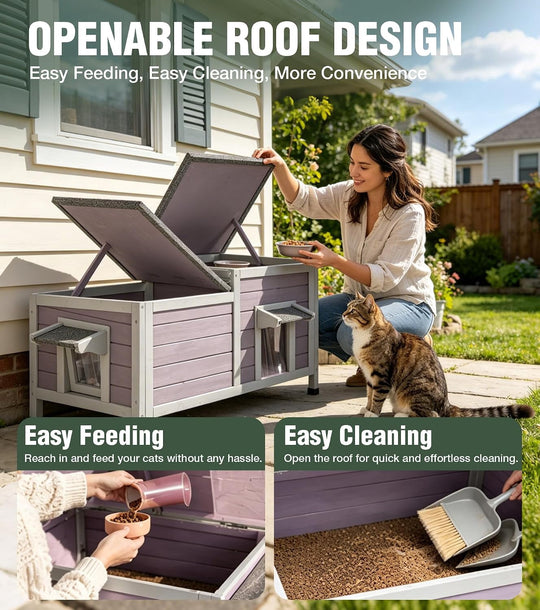 MEDEHOO Outdoor Cat House Weatherproof 2-Room Cat Shelter 34" L Large Outside Cat House with Asphalt roof, PVC Curtain and 2 Entrances for 2-3 Cats