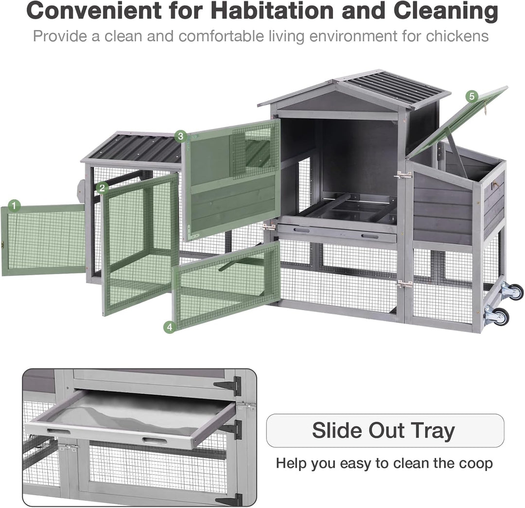 MEDEHOO Large Chicken Coop with Wheels for 4-6 Chickens 81"L Weatherproof Duck House with Nesting Box Mobile Hen House with Run Leakproof Tray Grey