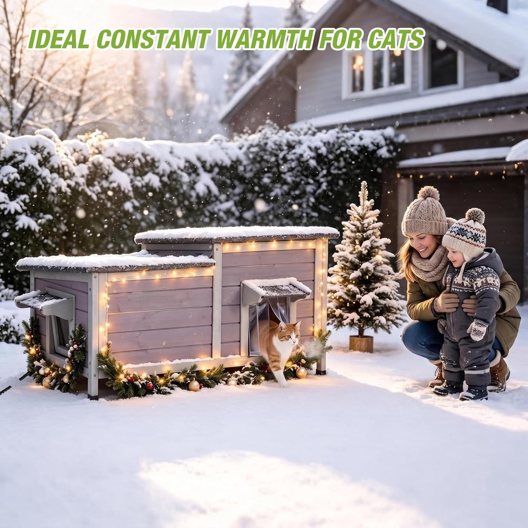 Outdoor Cat House Large Heated Insulated Cat House Indestructible Weatherproof Cat Shelter with Openable Hinged Roof, Escape Door for 1-4 Feral Cats