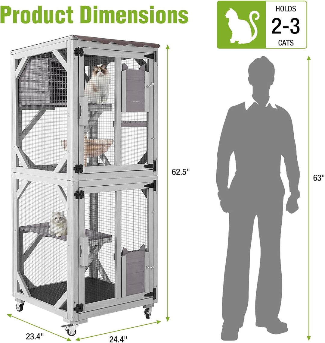 MEDEHOO 3-Tier Outdoor Catio with Wheels, Wooden Cat Enclosure with 4 Lockable Wheels &amp; Removable Hammock, Window Cat House for Multiple Cats, 63" Gray