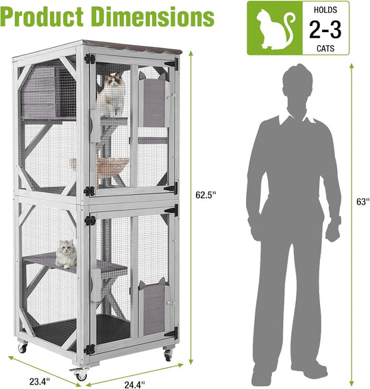 MEDEHOO 3-Tier Outdoor Catio with Wheels, Wooden Cat Enclosure with 4 Lockable Wheels &amp; Removable Hammock, Window Cat House for Multiple Cats, 63" Gray