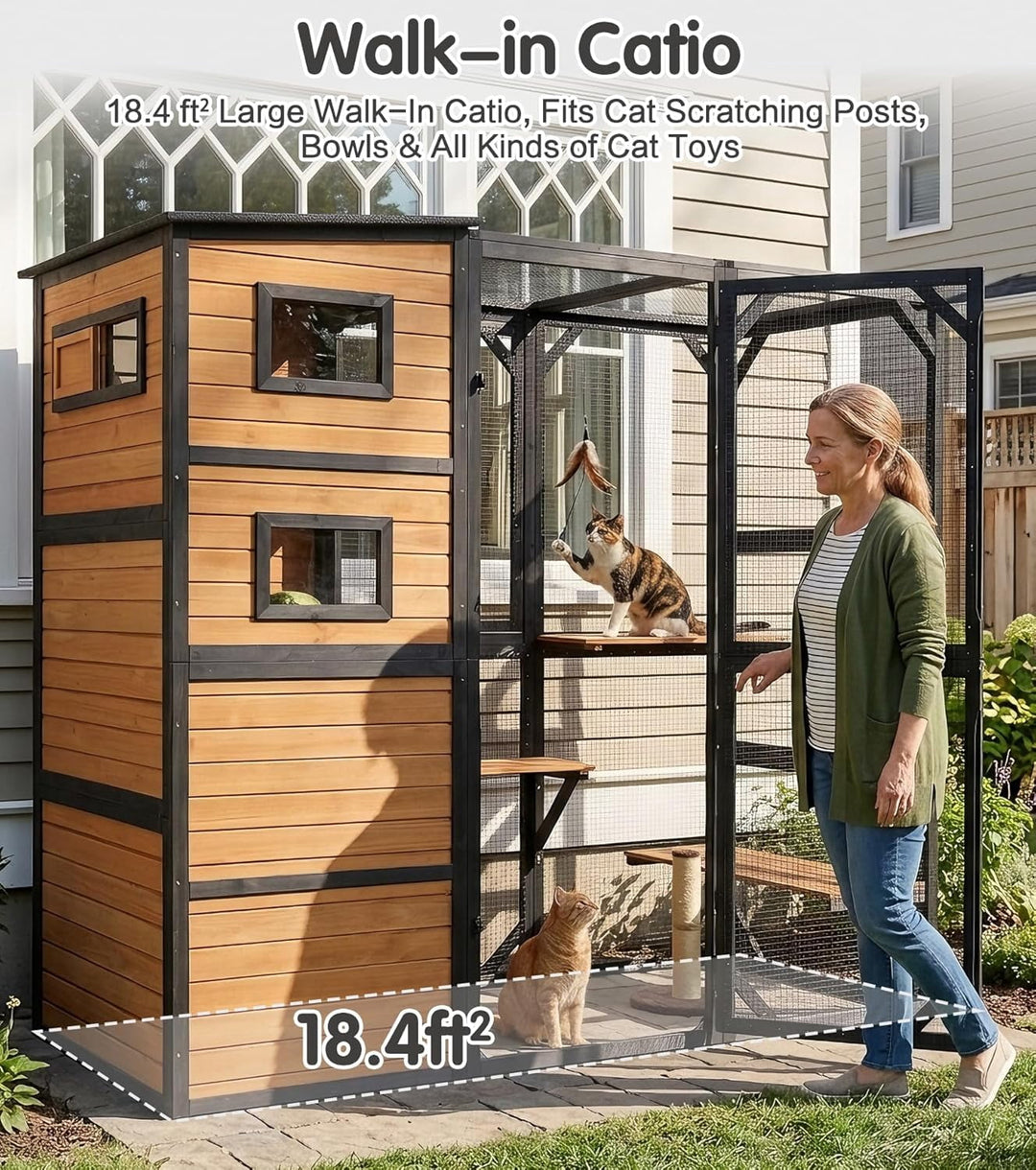 MEDEHOO 77" Large Catio Outdoor Cat Enclosure, 4 Tiers Cat House for Outdoor Indoor with Weatherproof Roof, 3 Resting Rooms, 3 Platforms, 5 Windows