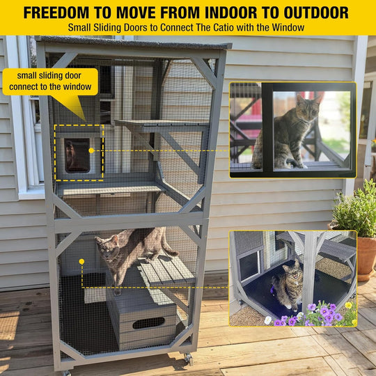 MEDEHOO Catio Outdoor Cat Enclosure Window Cat House on Wheels Large Movable Cat Cages Indoor for Mulitiple Cats with Tarp Roof,Platforms,Resting Box