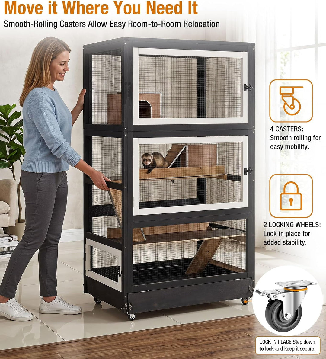 MEDEHOO 63“H Extra Large 4-Story Ferret Cage with Wheels Brown Aluminum alloy frame with wire mesh, PVC-coated levels, 2 ramps, 2 hideouts, deep slide-out tray and locking wheels AIR56-B-2-AD-WM