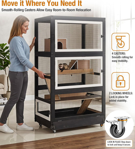 MEDEHOO 63“H Extra Large 4-Story Ferret Cage with Wheels Brown Aluminum alloy frame with wire mesh, PVC-coated levels, 2 ramps, 2 hideouts, deep slide-out tray and locking wheels AIR56-B-2-AD-WM