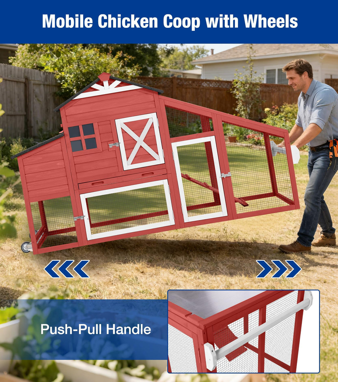 MEDEHOO 73" Mobile Chicken Coop with Run for 2-4 Chickens, Large Wooden Hen House with Nesting Box, 2 Perches and Easy-Clean Pull-Out Tray, Gray AIR32-R-9-AD-2-WM