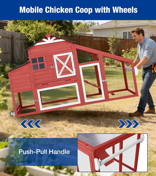 MEDEHOO 73" Mobile Chicken Coop with Run for 2-4 Chickens, Large Wooden Hen House with Nesting Box, 2 Perches and Easy-Clean Pull-Out Tray, Gray AIR32-R-9-AD-2-WM