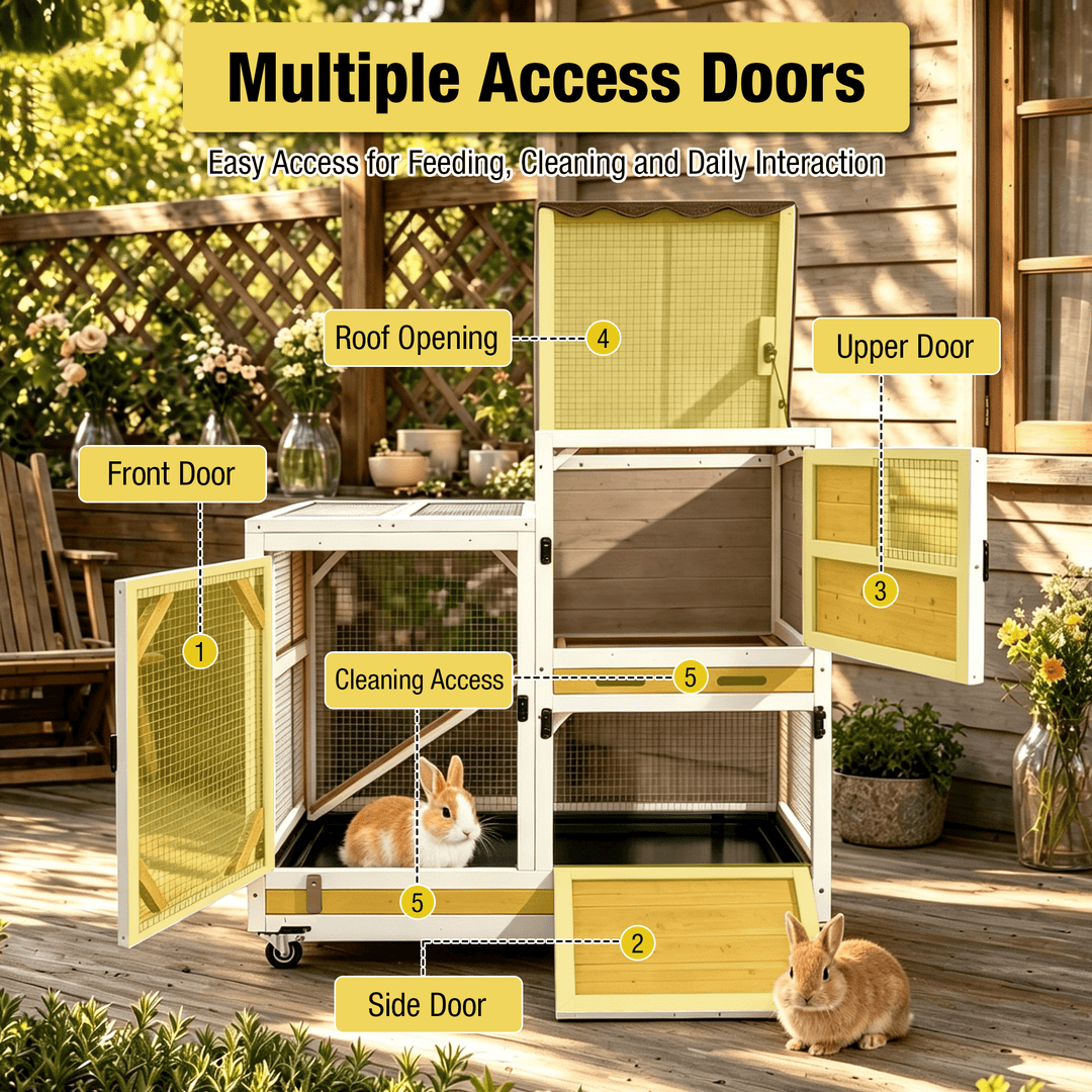 MEDEHOO 2-Story Rabbit Hutch with Wheels, 39.3-Inch Indoor/Outdoor Wooden Bunny Cage with 2 Pull-Out Trays, Gray AIR7013-WFS-GE