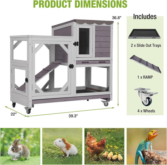 MEDEHOO 2-Story Rabbit Hutch Indoor Bunny Cage Outdoor Guinea Pig House Wooden Small Animal Cage with Chew-Proof Ramp, Leak-Proof Tray, Lockable Wheels for 2-4 Rabbits, Guinea Pigs (Grey) AIR7013-G-MA-WM