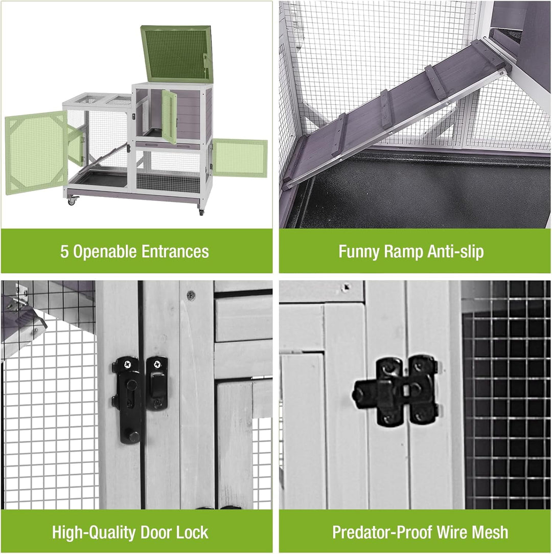 2-Story Rabbit Hutch Bunny Cage with Leak-Proof Trays &amp; Chew-Proof Ramp - Indoor/Outdoor 39.3" Wooden Rabbit Cage with Wheels for Rabbits, Guinea Pigs, Small Animal (Grey)