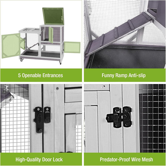 2-Story Rabbit Hutch Bunny Cage with Leak-Proof Trays &amp; Chew-Proof Ramp - Indoor/Outdoor 39.3" Wooden Rabbit Cage with Wheels for Rabbits, Guinea Pigs, Small Animal (Grey)