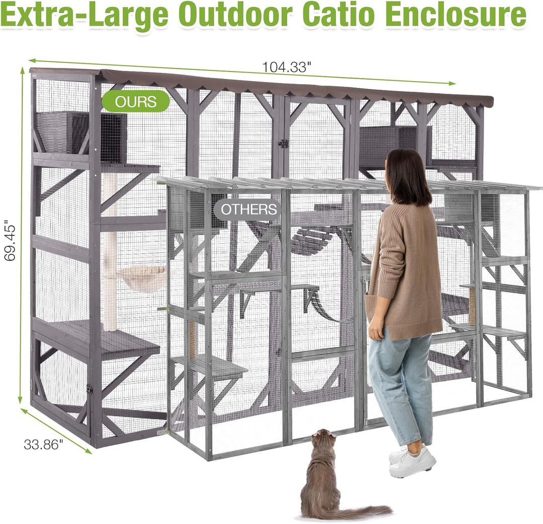 MEDEHOO Extra-Large Catio, 104" Wall-Mounted Outdoor Cat Enclosure - Cat Cage Window Box Walk-in Cat Kennel Shelter with Weatherproof Roof, 2 Scratching Posts, 2 Hammocks &amp; Bridge for 6-8 Cats
