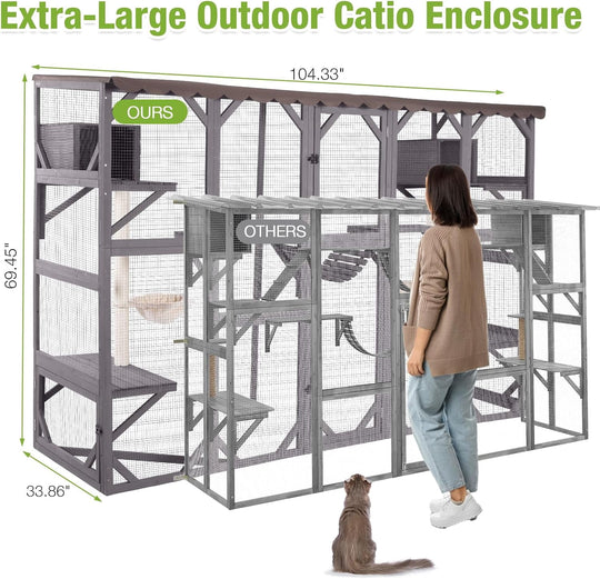 MEDEHOO Extra-Large Catio, 104" Wall-Mounted Outdoor Cat Enclosure - Cat Cage Window Box Walk-in Cat Kennel Shelter with Weatherproof Roof, 2 Scratching Posts, 2 Hammocks &amp; Bridge for 6-8 Cats