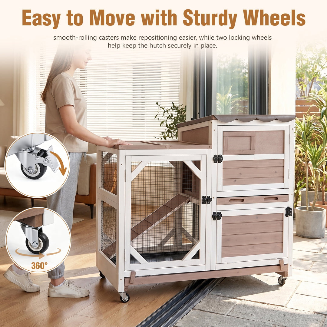 MEDEHOO 2-Story Rabbit Hutch on Wheels Indoor Rabbit Cage with Run Outdoor Weatherproof Bunny Hutch with Chewproof Ramp and Pull-out Tray Brown SAIR7013-WFS
