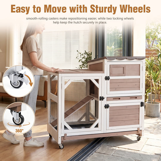 MEDEHOO 2-Story Rabbit Hutch on Wheels Indoor Rabbit Cage with Run Outdoor Weatherproof Bunny Hutch with Chewproof Ramp and Pull-out Tray Brown SAIR7013-WFS