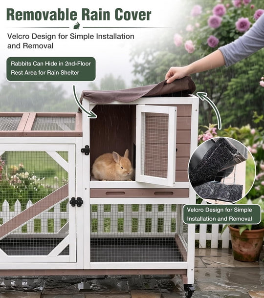 MEDEHOO 39" 2-Story Rabbit Hutch, Wooden Bunny Cage with Chew-Proof Ramp, 2 Leak-Proof Pull-Out Trays and Lockable Wheels for Guinea Pigs &amp; Small Pets, Brown AIR7013-MI-WM