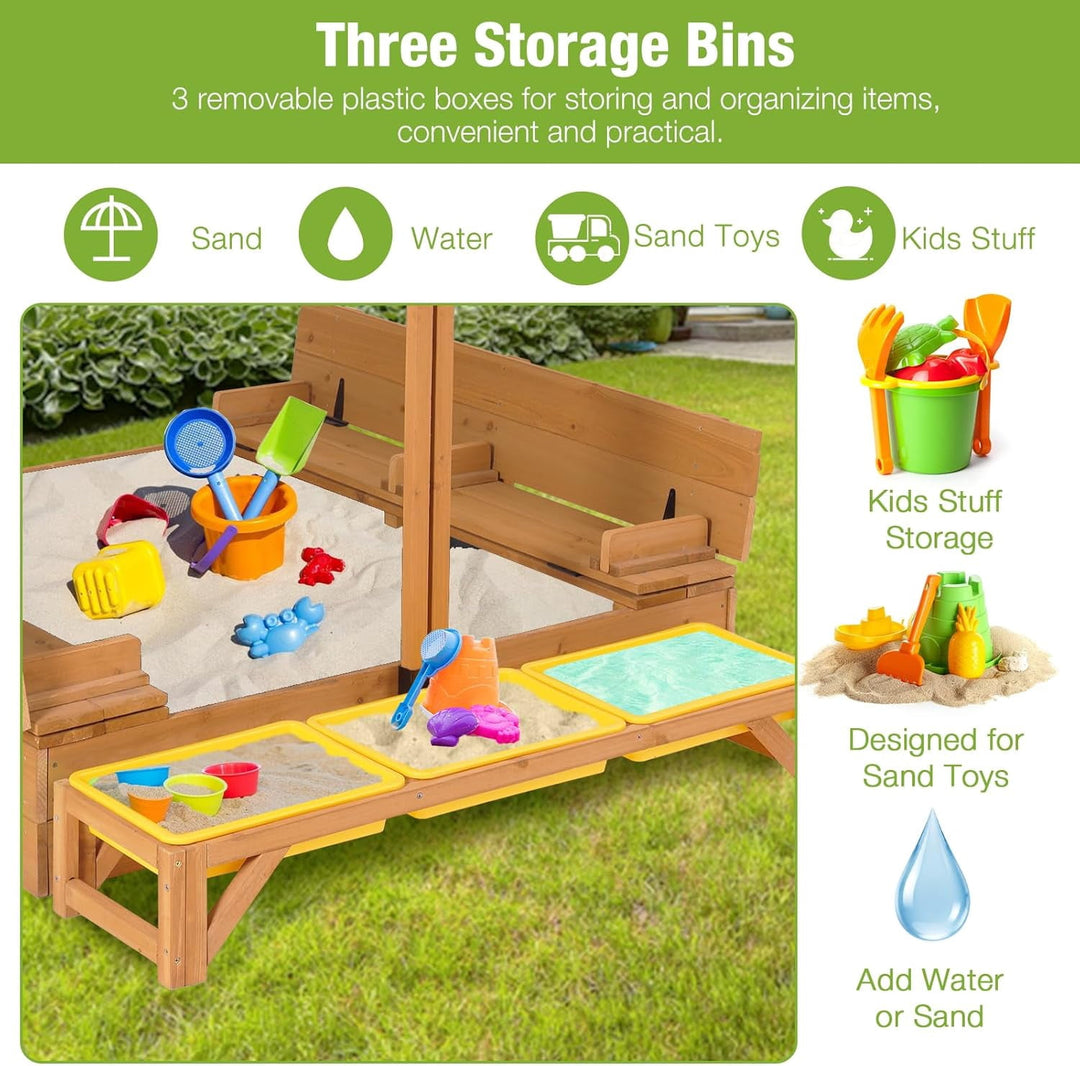 MEDEHOO Kids Sand Boxes with Lid and Canopy, Outdoor Sandboxes with Cover, Foldable Bench Seats, Retractable Roof, Sand Table for Kids Ages 4-8 (Brown with Toy Bins)