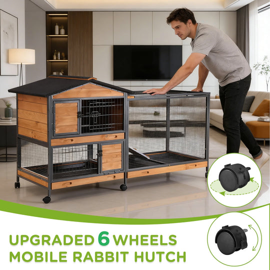 MEDEHOO 62" Heavy-Duty Rabbit Hutch with Full Iron Frame, 2-Story Indoor &amp; Outdoor Bunny Cage with Wheels and Pull-Out Tray, Orange