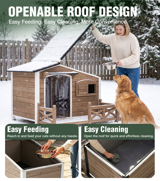 MEDEHOO Heated Dog House Outdoor Dog Wooden Kennel with Safe Heated Pad, Chew-Proof Metal Frame and Insulated Liner Dark Brown AIR7024-B-HP-N-WM