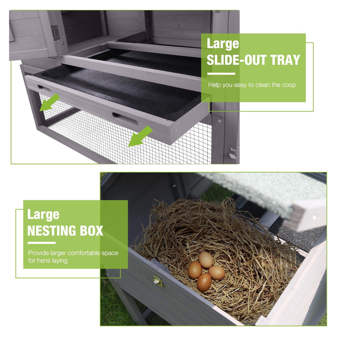 BUTINGLALE Outdoor Mobile Chicken Coop with Wheels Hen House with Nesting Box Wooden Bunny Cage Large Duck House with Run UV Roof Rabbit Hutch(Grey) AIR23-D-N