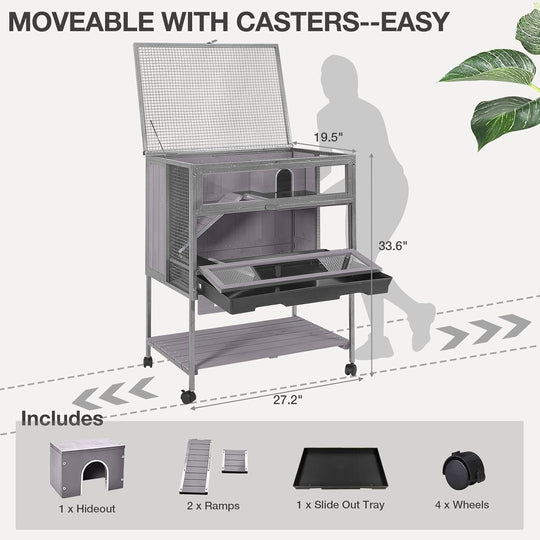 MEDEHOO Guinea Pig Cage, Moveable Metal Frame Hamster Cage Anti-Chewing with Aluminium Alloy Edge, Hideouts, Ramps, Seesaws Chewing Toy, Deeper Pull-Out Leakproof Tray for Indoor Outdoor(Grey)
