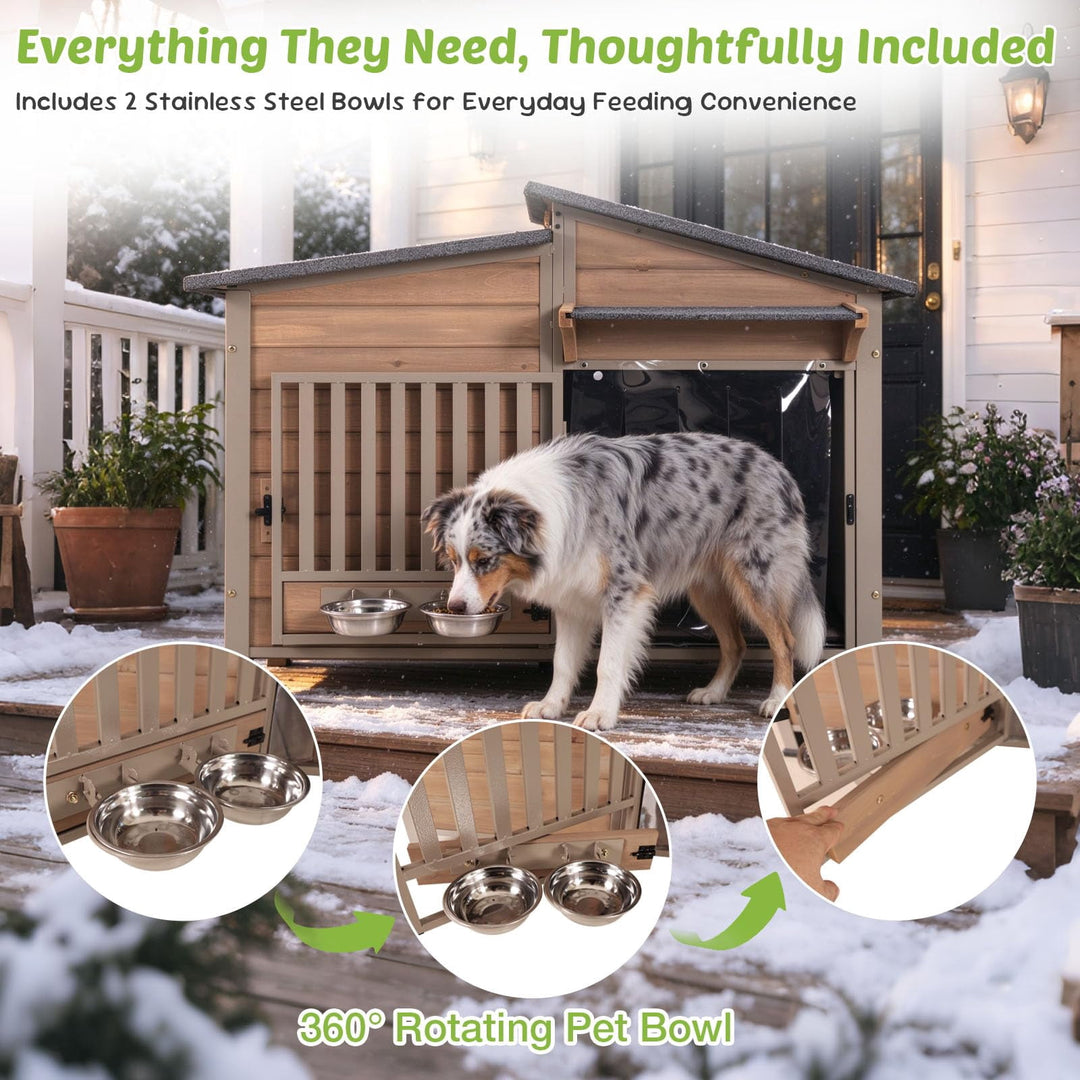 MEDEHOO Heated Dog House Outdoor Insulated Wood Kennel with Bowl  Weatherproof  Dog Crate with Full Metal Frame Heated Pad for Small to Large Dog Breeds