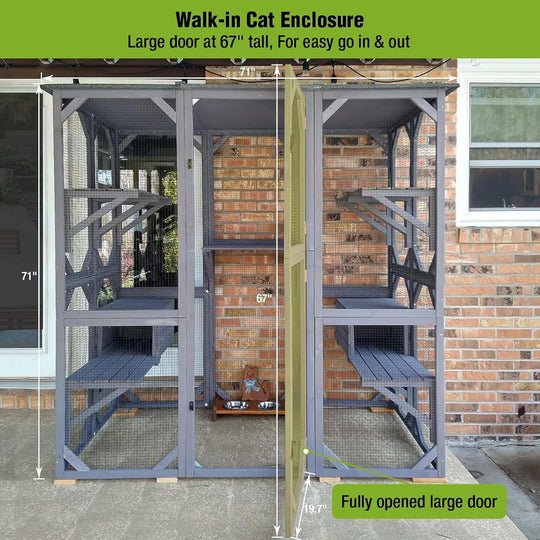 MEDEHOO Catio Outdoor Cat Enclosure Large Walk in Window Cat House for Mulitiple Cats with 7 Platforms and 2 Resting Box,Asphalt Roof,70 inch