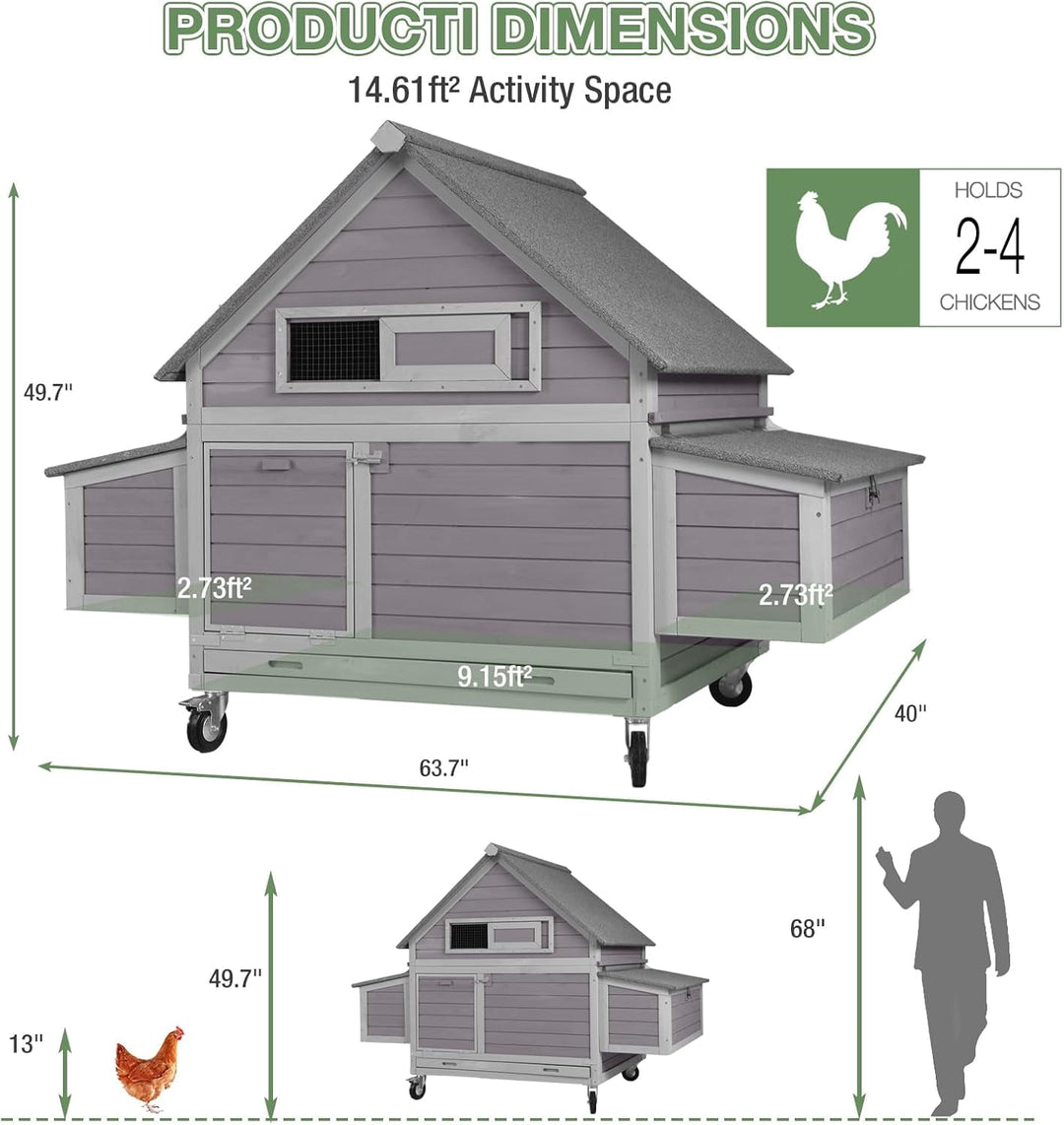 MEDEHOO Large Mobile Chicken Coop with Wheels, 6 Nesting Box for 4-6 Chickens, Outdoor Hen House with Weatherproof Asphalt Roof, Pull-Out Tray