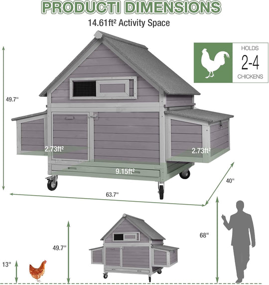 MEDEHOO Large Mobile Chicken Coop with Wheels, 6 Nesting Box for 4-6 Chickens, Outdoor Hen House with Weatherproof Asphalt Roof, Pull-Out Tray