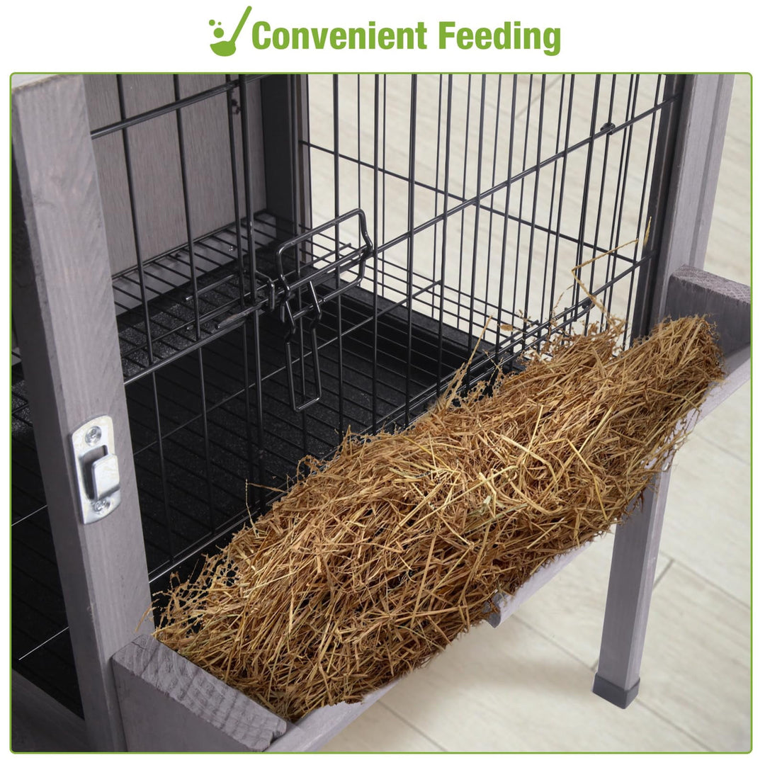 BUTINGLALE Guinea Pig Cage Indoor Wooden Rabbit Hutch with Metal Floor Grid and Removable Tray for Easy Cleaning, Bunny Cages Outdoor Waterproof Roof and Elevated Legs AIR01-B-N