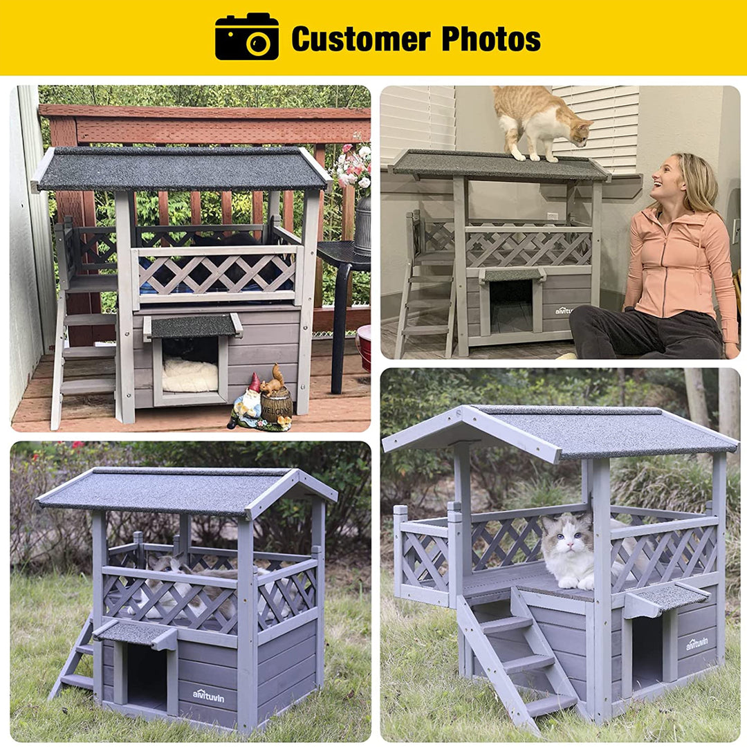 MEDEHOO Wood Cat House with Balcony, Outdoor Indoor Kitty Shelter with Stairs