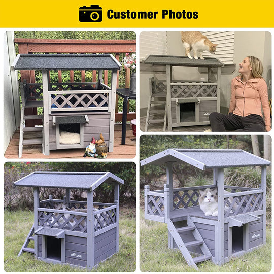 MEDEHOO Wood Cat House with Balcony, Outdoor Indoor Kitty Shelter with Stairs