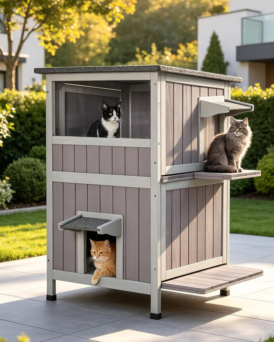 MEDEHOO 2-Story Cat House for Outdoor Cats - Solid Wood Kitty Condo | Solid wood with weatherproof asphalt roof&amp;removable floors Escape door easy-clean side access for indoor
