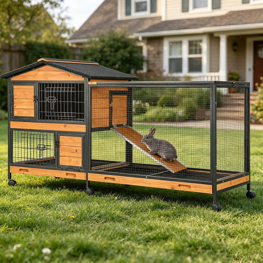 MEDEHOO Large Wooden 2-Story Rabbit Hutch for 2-4 Bunnies – Heavy Duty Metal-Framed Rabbit Cage with 6 Smooth-Rolling Wheels, 3 Easy-Clean Pull-Out Trays &amp; 6 Access Doors, Indoor Outdoor (Brown)