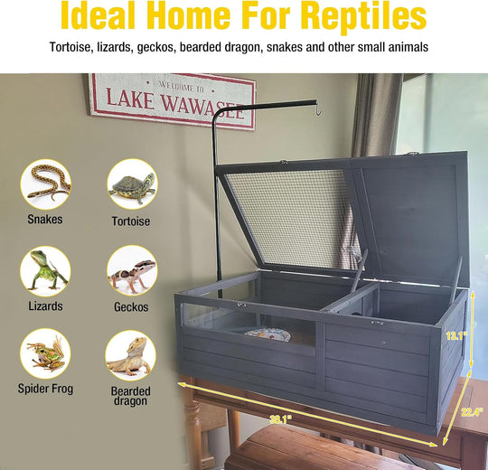 MEDEHOO Tortoise Habitat House Indoor, Wooden Tortoise House Reptile Enclosure Outdoor Amphibians Cage for Gecko Lizard Snake SKY21-ML-WM