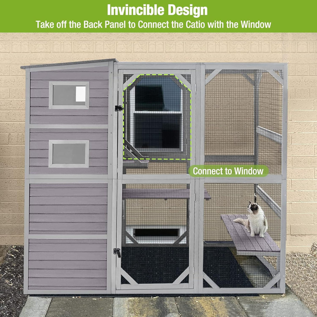 AivituCatio Outdoor Cat Enclosure - 77 Inch Large Cat Kennel Kitten Cage for Multiple Indoor Outdoor Cats Outside Patio, Insulated Feral Cat Shelter with Platforms, Window, Waterproof Roof and Houses