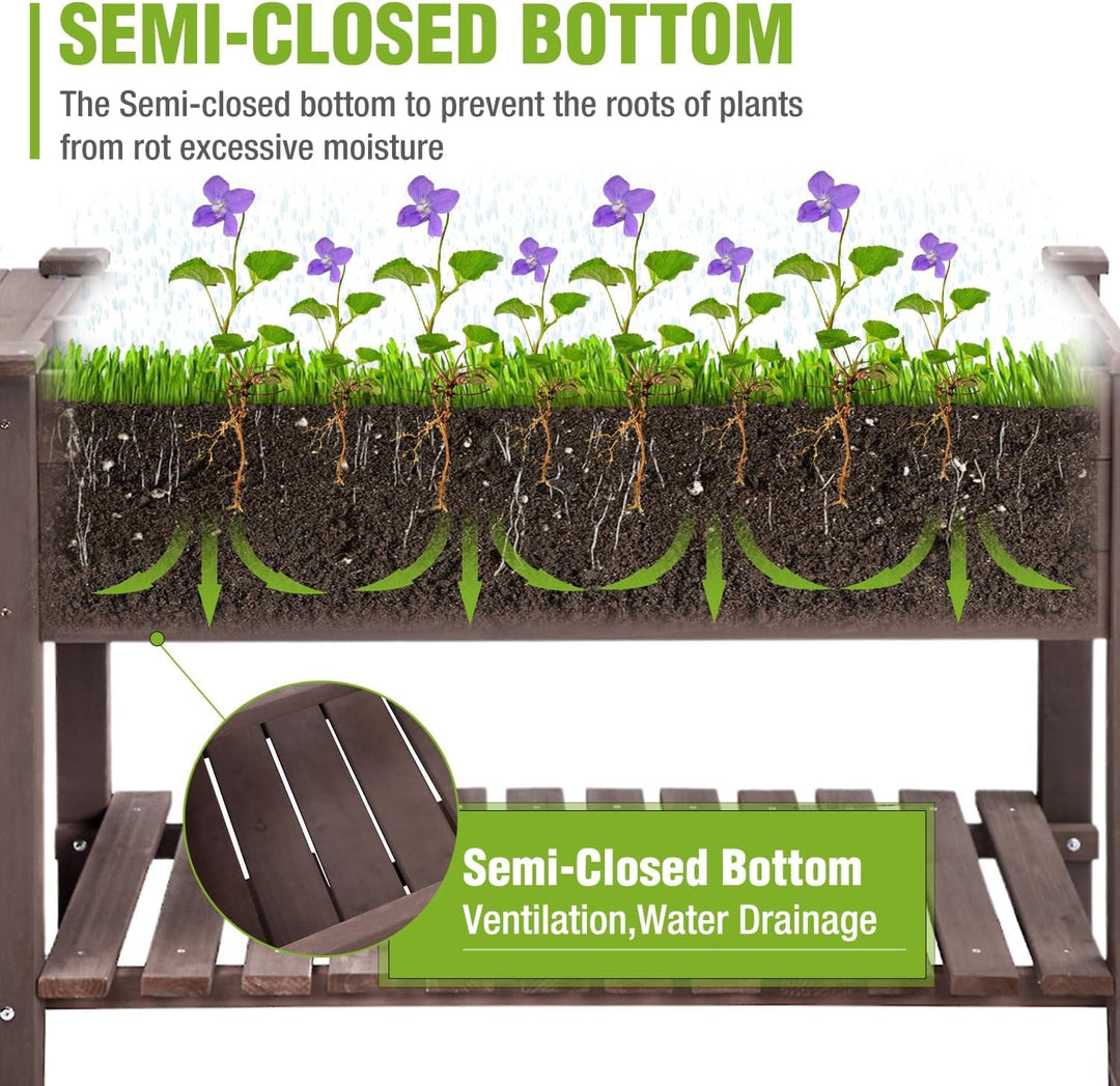 MEDEHOO Elevated Wooden Planter Box with Locking Casters - 52.7" L x 22" W x 30" H Raised Garden Bed, Removable Liner &amp; 230lb Weight Capacity for Outdoor Plants RB-GUT02-MB