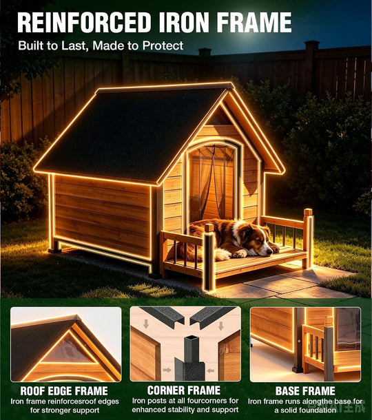 MEDEHOO Woodden Dog House with Proch, Weatherproof Outdoor Kennel Chew-Resistant Iron Frame &amp; Asphalt Roof for Outdoor for Small &amp; Medium Dog Breeds