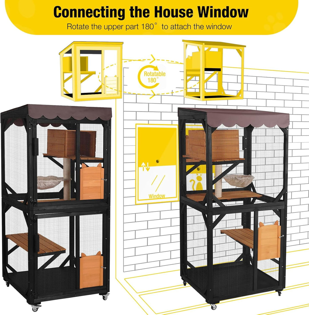 MEDEHOO Outdoor Catio Cat Enclosures on Wheels Cat House 70.9" Large Cat Condon House with Upgraded Resting Box,Waterproof Roof Cover,Brown