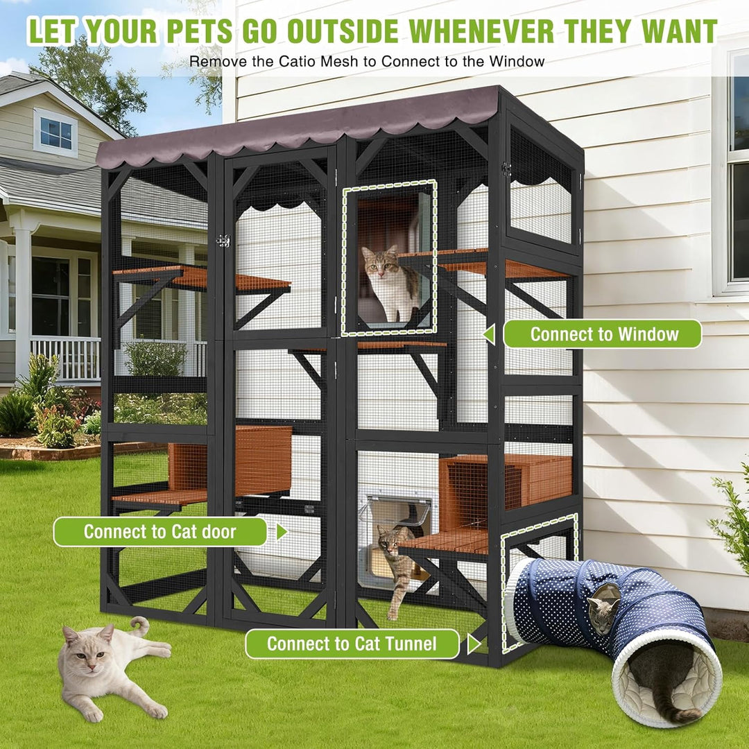 MEDEHOO Catio Outdoor Cat Enclosure with Scratch Post, Hammock, Large Window Cat House for 2-6 Mulitiple Cats Walk in Kitty Cage with Tarp Roof 70" Black