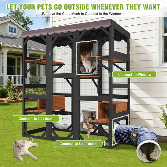MEDEHOO Catio Outdoor Cat Enclosure with Scratch Post, Hammock, Large Window Cat House for 2-6 Mulitiple Cats Walk in Kitty Cage with Tarp Roof 70" Black