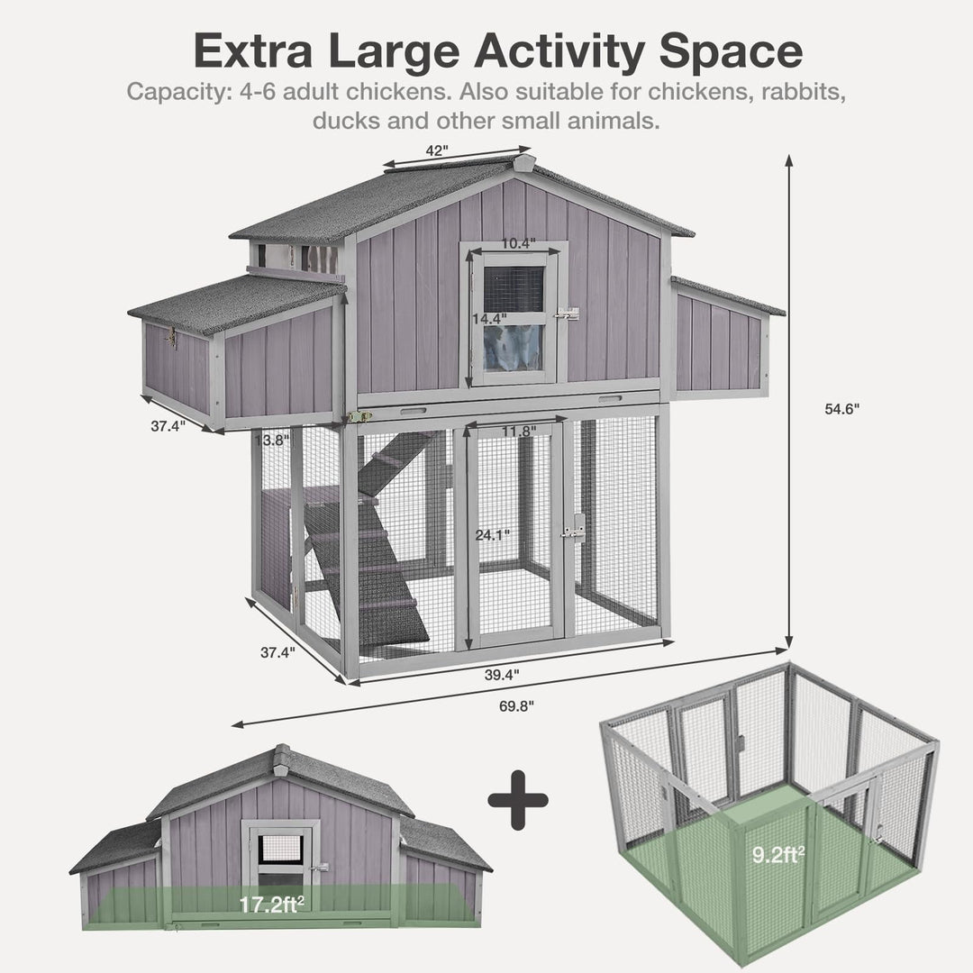 MEDEHOO Large Chicken Coop, Folding Chicken House for Outdoor with Two Nesting Box, Leakproof Pull-Out Tray, UV-Resistant Roof Panel, Gray MED66-WM
