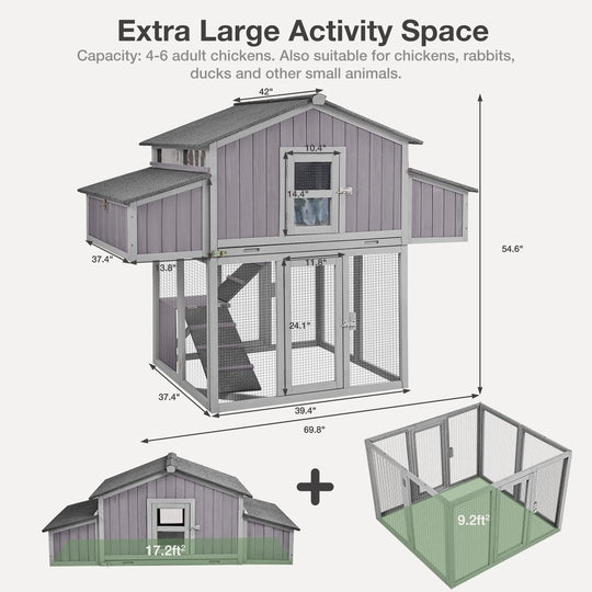 MEDEHOO Large Chicken Coop, Folding Chicken House for Outdoor with Two Nesting Box, Leakproof Pull-Out Tray, UV-Resistant Roof Panel, Gray MED66-WM
