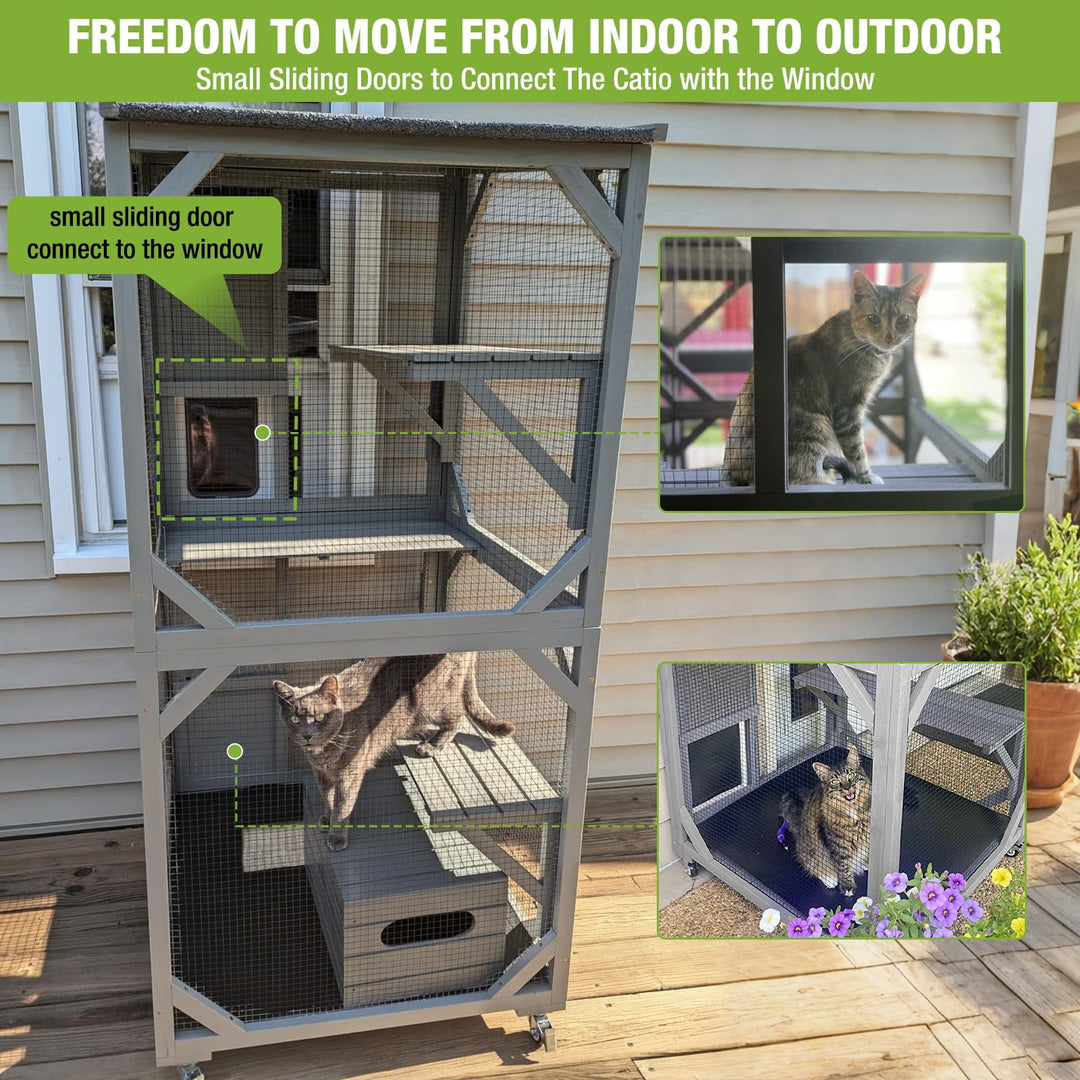 MEDEHOO Cat House Outdoor Catio Cat Enclosure Wheels Large Movable Cat Cages Indoor for Mulitiple Cats with Tarp Roof,Platforms,Resting Box 70.9" AIR22-002J