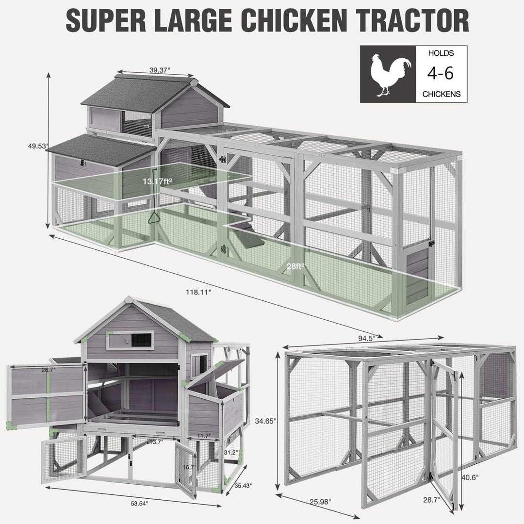 MEDEHOO 118" Large Chicken Coop with Run, 6 Nesting Boxes &amp; Removable Tray for 4-6 Chickens Outdoor, Wooden Chicken House Poultry Cage with Weatherproof Roof, 41.3ft² AIR46-km-M-WM
