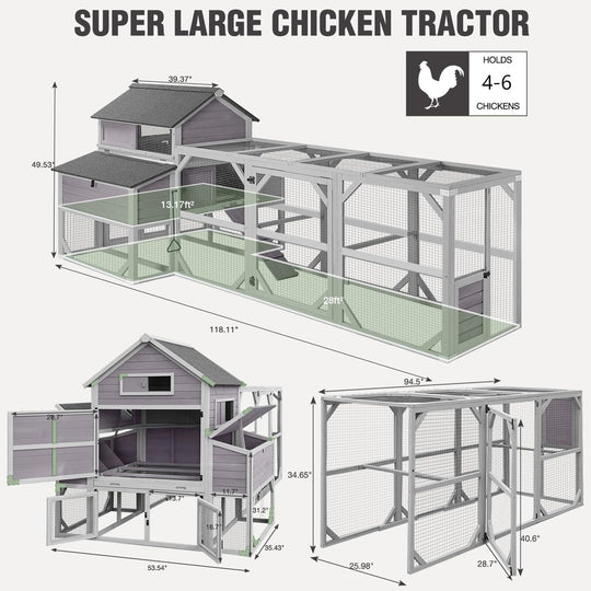 MEDEHOO 118" Large Chicken Coop with Run, 6 Nesting Boxes &amp; Removable Tray for 4-6 Chickens Outdoor, Wooden Chicken House Poultry Cage with Weatherproof Roof, 41.3ft² AIR46-km-M-WM