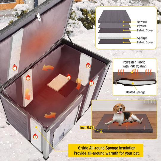 MEDEHOO Insulated Dog House with Liner for Outdoor Winter Weatherproof Wooden Dog Kennel All-Around Iron Frame