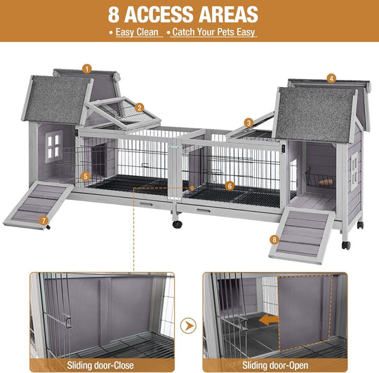MEDEHOO Rabbit Hutch Indoor Outdoor Bunny Cage Upgrade Large Space for Rabbit,Guinea Pig,Bunny and Other Small Animals,On Wheels Move Easily. AIR68-J