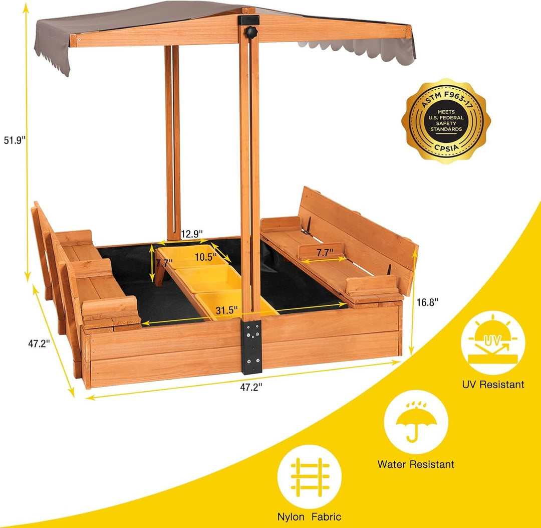 MEDEHOO Wooden Sandbox with Cover | Large Sandpit for Kids Outdoor with Adjustable Canopy Backyard Play with Movable Toy Bins GUT080-WM