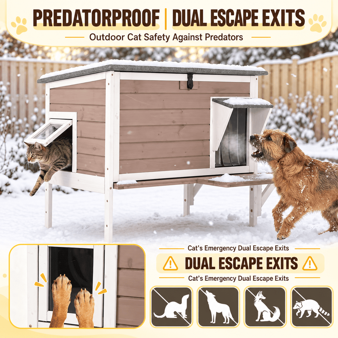 MEDEHOO 33" Heated Outdoor Cat House, Weatherproof Feral Cat Shelter for Winter with Safe Electric Heater, 6-Side Insulated Liner and Escape Door, Light Brown
